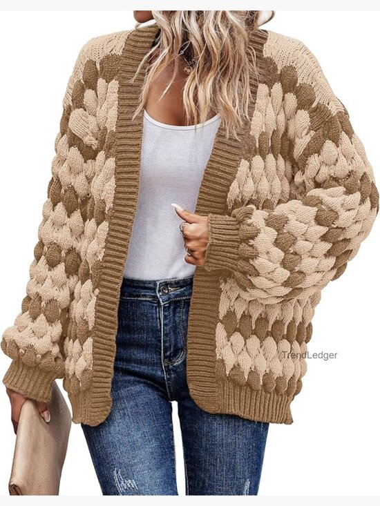 Sweaters - Chunky Cable Knit Lantern Sleeve Open Front Cardigan Sweater Coat